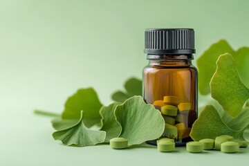 A tiny bottle of gingko biloba tablets and gingko leaves over pale green setting depicts traditional remedies and health perks hue, Generative AI.