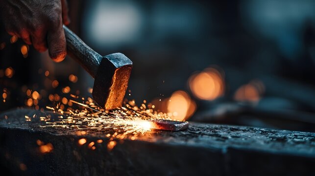 A blacksmith strikes hot metal with a hammer.