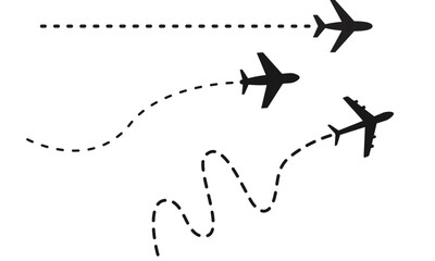 Airplane with dotted line route. flying plane with twisted, curved and straight dashed trace path. transparent png and vector illustration