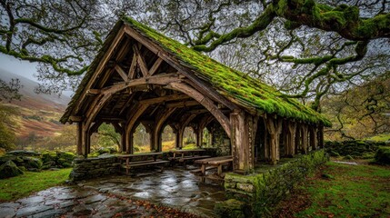 Rustic wooden chapel, moss-covered roof, autumnal landscape