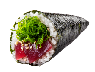 Delicious tuna temaki sushi roll with rice and seaweed wrapped around fresh tuna and green seaweed topping isolated on transparent background