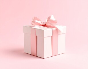 Fototapeta premium A pristine, white gift box adorned with a delicate pink ribbon, centered on a soft pink background.