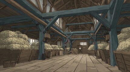 Fototapeta premium Wooden barn interior, hay bales