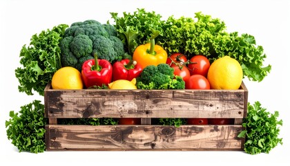A vibrant assortment of fresh vegetables and fruits in a rustic wooden crate, showcasing healthy eating and organic produce.