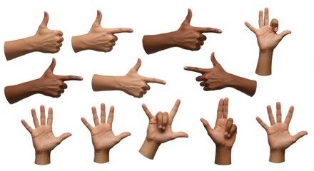Fototapeta premium Diverse Hand Gestures Collection Isolated on White Background Communication and Expression Variety Hand Signals Body Language and Multicultural Concepts