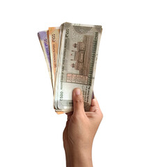 Hand holding multiple  Indian  banknotes of 500 , 200, 100 rupees, currency, money, income. Indian...