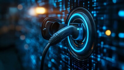Electric vehicle charging cable connected to a charging station with a glowing blue ring, surrounded by a sleek, blue digital backdrop, highlighting modern technology