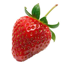 Close-up of a single, vibrant red strawberry with green leaves.  The strawberry's skin is smooth and glossy, dotted with small seeds.  A stem attaches to the fruit