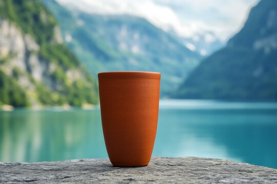 Terracotta cup on a lakeside rock.