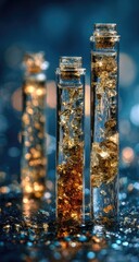 Gold flakes in clear glass vials, dark background
