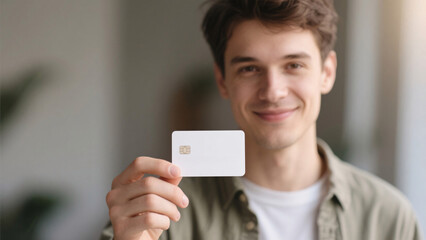 A young man holding a credit card, ready for online payment