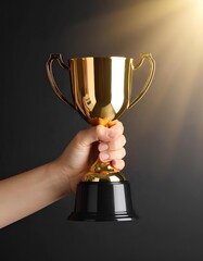 gold trophy in hand on dark background with the light