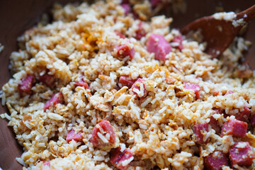 Close-Up of Bacon Curry Fried Rice in a Pan