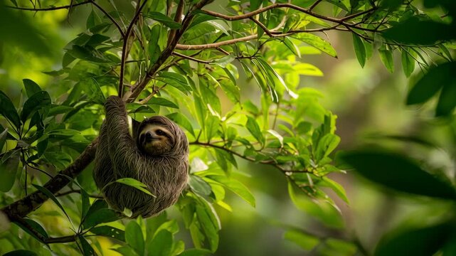 A three-toed sloth hangs lazily from a tree branch in lush tropical rainforest, surrounded by vibrant green leaves, showcasing wildlife in its natural habitat.