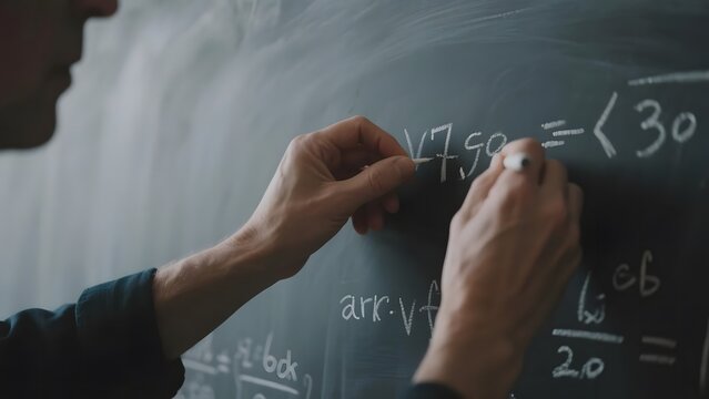 Person writing mathematical equations on a chalkboard - Powered by Adobe