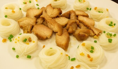 Tender Thai Roasted Pork with Rice Vermicelli Nests, Fried Garlic, and Fresh Chives – Elegant Thai Cuisine