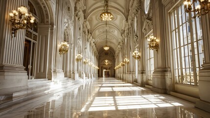 A grand, light-filled hallway in a stately building.