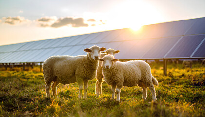 Fototapeta premium herd of sheep on the pasture with the solar panel background