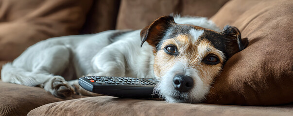 Relaxed dog watching tv on couch holding remote control