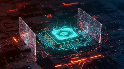 Futuristic microchip glowing amidst digital circuitry - Powered by Adobe