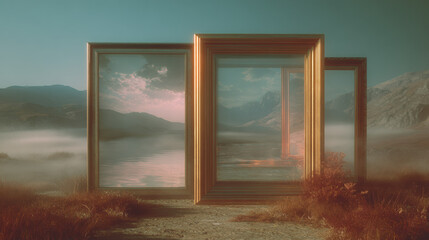 Surreal Landscape With Multiple Frames Leading To The Lake