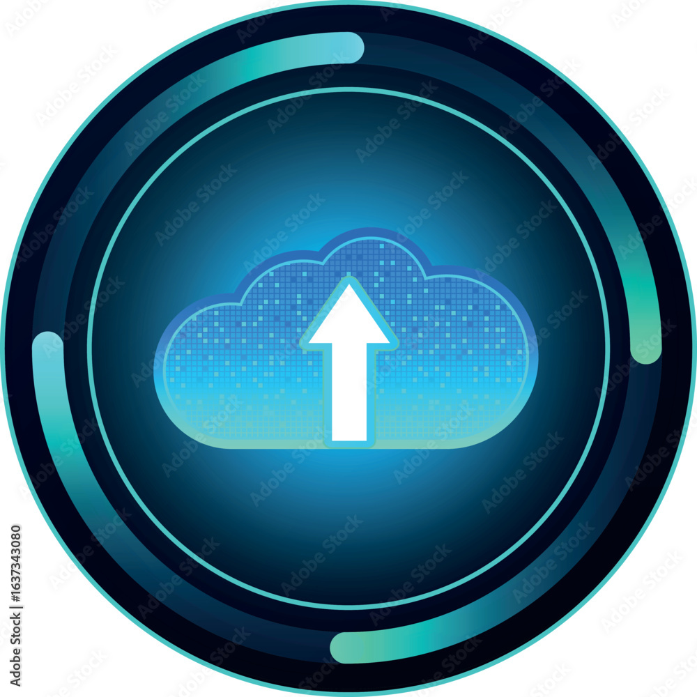 Poster glowing green backup process button with a cloud element and upload arrow, symbolizing data transmis