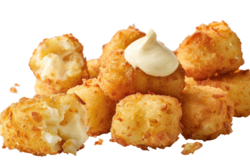Crispy, cheesy mac & cheese bites piled high, drizzled with a creamy sauce