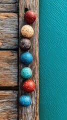 Obraz premium Colorful orbs aligned on weathered wood, teal backdrop