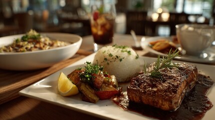Steak Dinner: Rice, Veggies, and Sauce