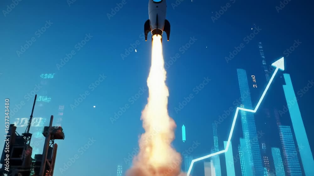 Aufkleber rocket taking off from launchpad with increasing financial graph and digital data overlay. business 