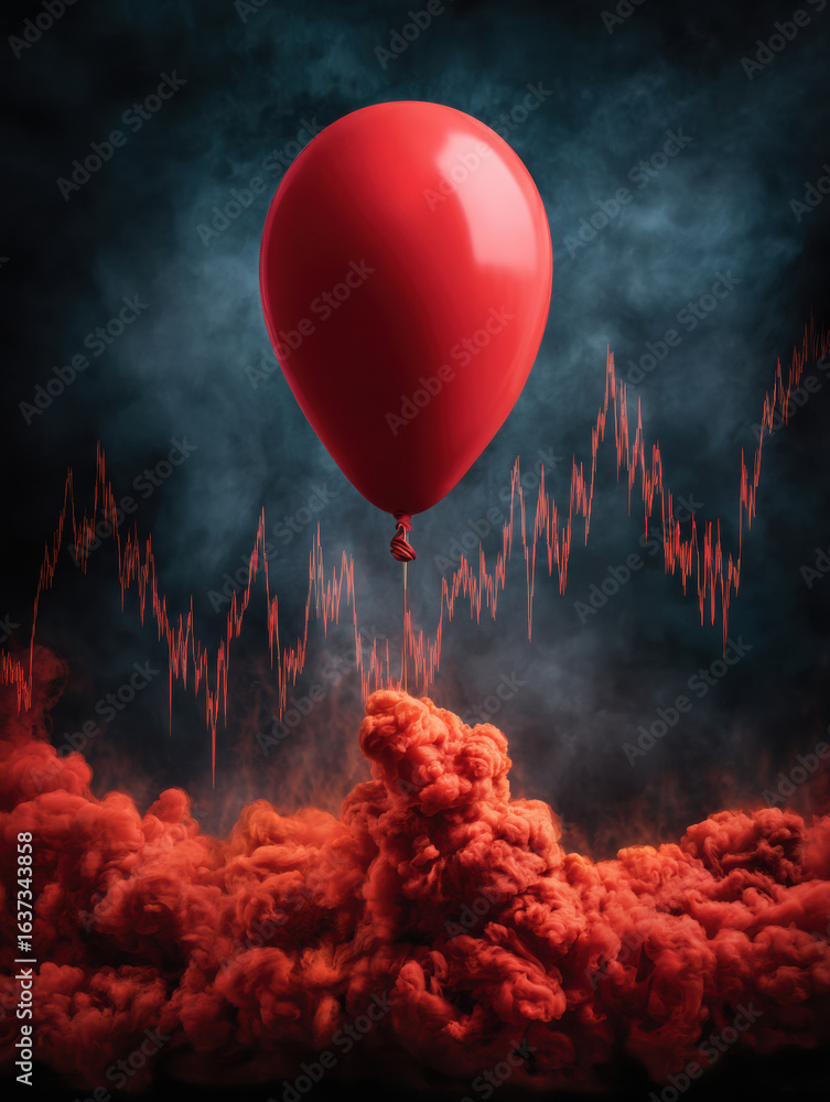 Poster vibrant red balloon floats above swirling red smoke and dynamic wave patterns, creating a striking c