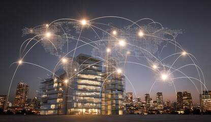 Modern skyscraper, global network at night