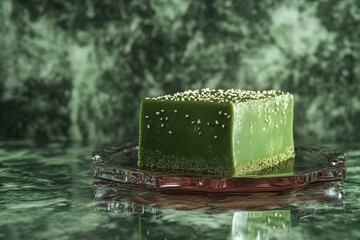 Square matcha dessert with sesame seeds.