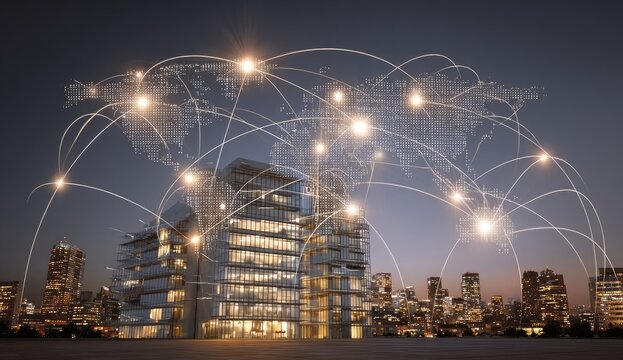 Modern skyscraper, global network at night