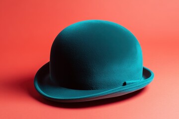 Fototapeta premium Teal bowler hat on a coral background.