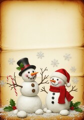 Festive snowman duo on vintage paper, holiday greetings card composition