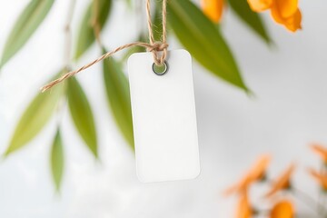 Minimal blank glitter tag mockup with jute knot and green leaves. Perfect for eco branding, product design, retail packaging, and creative marketing presentations.