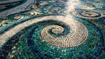 Circular mosaic with spiraling geometric design in blue green and white tiles shimmering under bright light