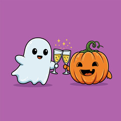 Cheerful cartoon ghost and smiling pumpkin clinking champagne glasses in celebration, set against a solid purple background.
