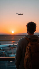 Fototapeta premium People looking at the view with airplane in the sky at the terminal in the airport.