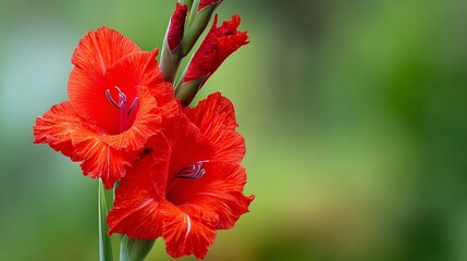 Close-up of vibrant red gladiolus blossoms.