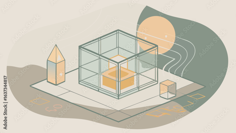 Poster abstract isometric illustration of geometric shapes and digital data elements on a muted background