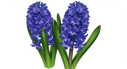 Fototapeta premium Two Hyacinth Flowers with Purple Petals and Green Leaves Isolated on White Background for Botanical Illustrations and Springtime Imagery
