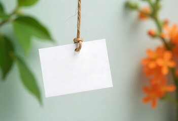 Minimal blank glitter tag mockup with jute knot and green leaves. Perfect for eco branding, product design, retail packaging, and creative marketing presentations.