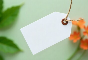 Minimal blank glitter tag mockup with jute knot and green leaves. Perfect for eco branding, product design, retail packaging, and creative marketing presentations.