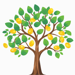 A vibrant cartoon illustration depicts a thriving money tree adorned with golden coins, symbolizing financial growth, investment, and prosperity.