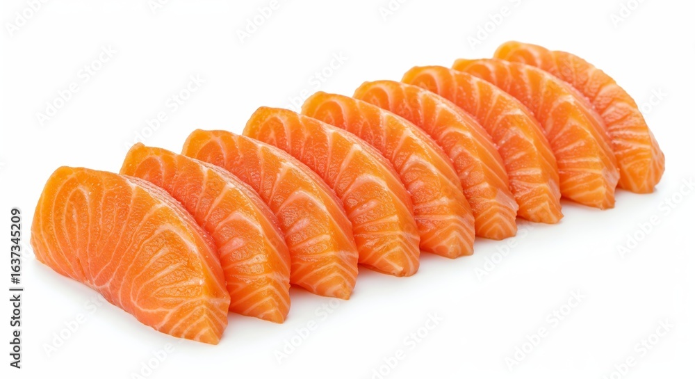 Poster fresh salmon slices neatly arranged in a row on white background