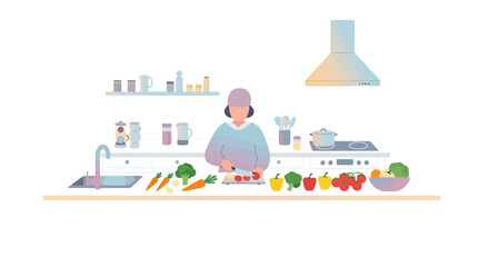Preparing a Colorful Vegetarian Meal: Kitchen Scene Illustration