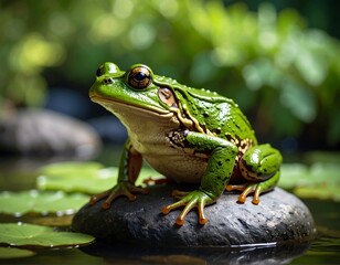 Fototapeta premium Green frog on a stone in a pond