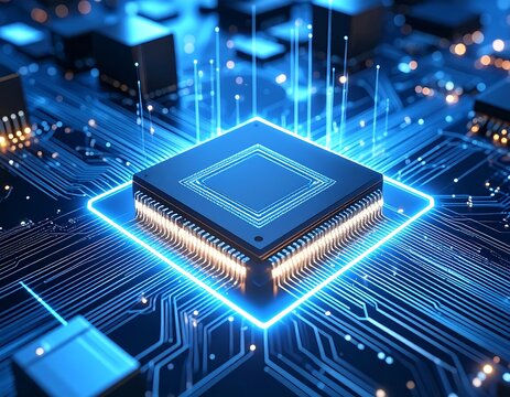 Close-up of a central processing unit glowing on a circuit board